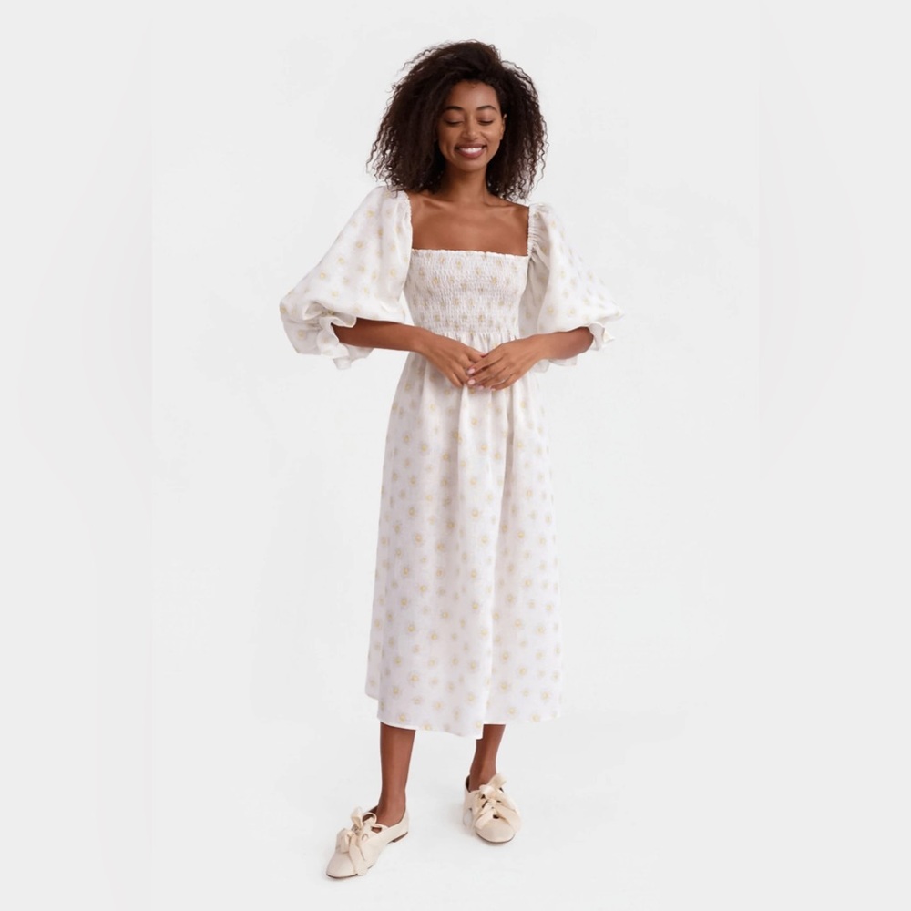 Sleeper Women’s Atlanta Linen Midi Dress Lounge Smocked Floral Daisies Ivory S